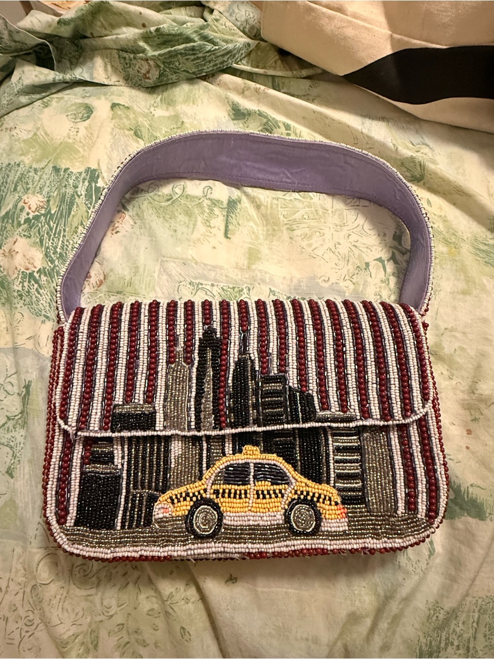 Beaded Cityscape Shoulder Bag with Yellow Taxi